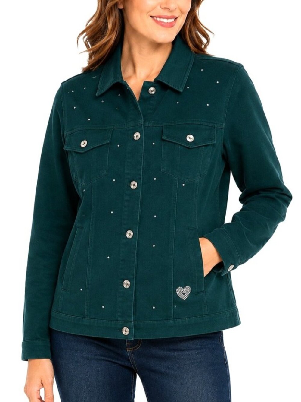 Quacker Factory Jacket Womens L Green Terry Rhinestone Trucker Y2K Western Glam